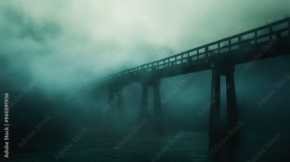 A fog-covered bridge disappearing into the mist, with a mysterious, atmospheric feel. A fog-covered bridge disappearing into the mist, with a mysterious, atmospheric feel.