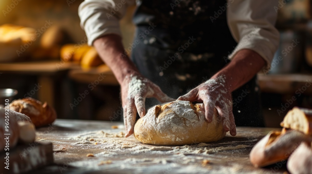 The male hands in flour and rustic organic loaf of bread. Neural network ai generated art The male hands in flour and rustic organic loaf of bread. Neural network ai generated art