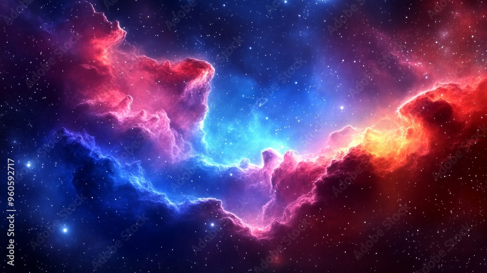 Fototapeta premium A stunning image of an outer space nebula filled with a mix of vivid red, blue, and purple hues, showcasing the vast beauty and mystery of the cosmos in a captivating composition.