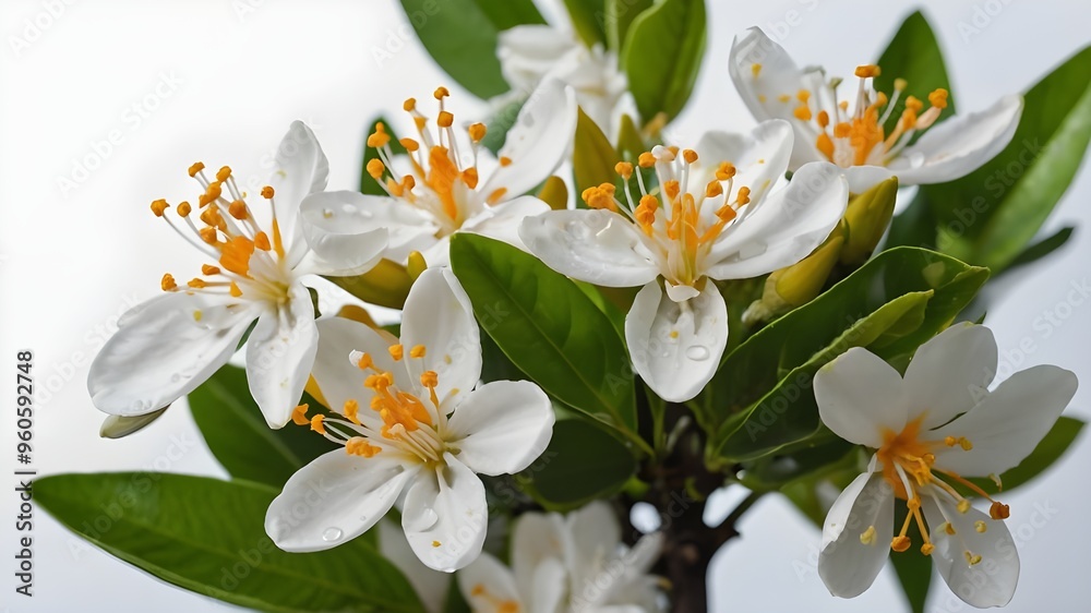 Obraz premium Macro Close-Up of Neroli Blossom: White Citrus Tree Flowers Bunch Isolated on White Background