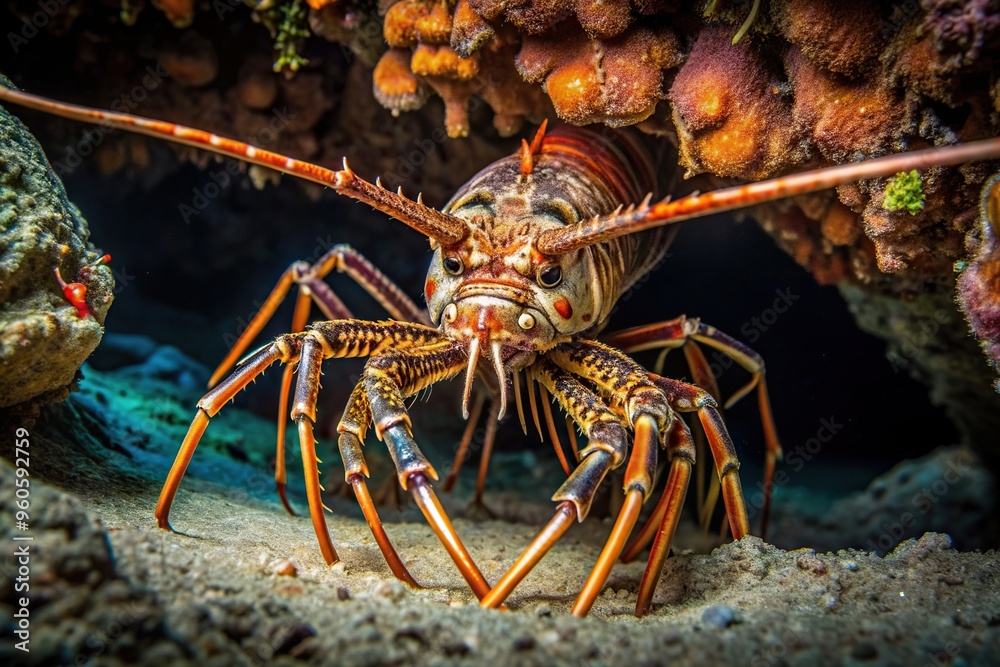 A spiny lobster with its intricate shell and long antennae seeking shelter in a dark cave while on a nightdive in the crystal clear waters of tropical Bonaire island in the Caribbean A spiny lobster with its intricate shell and long antennae seeking shelter in a dark cave while on a nightdive in the crystal clear waters of tropical Bonaire island in the Caribbean