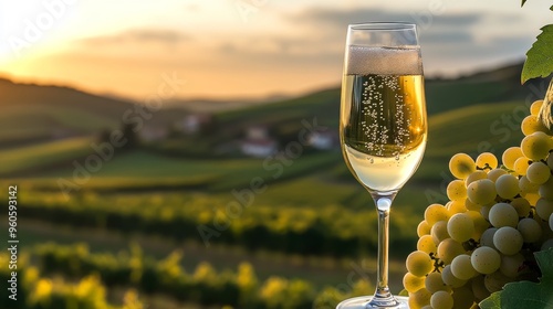 A photograph featuring a wine glass filled with sparkling wine beside a bunch of grapes in a beautiful vineyard landscape, captured at sunset with soft, golden lighting.