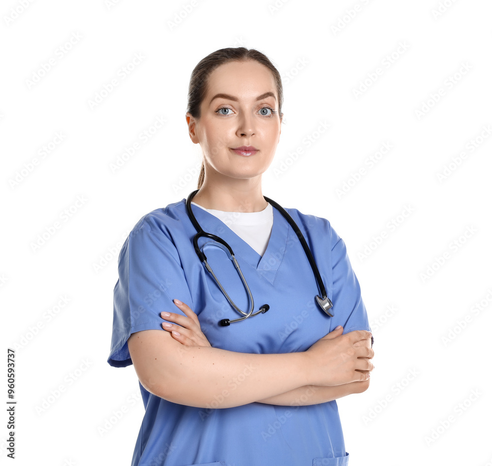 Portrait of professional nurse with stethoscope on white background Portrait of professional nurse with stethoscope on white background