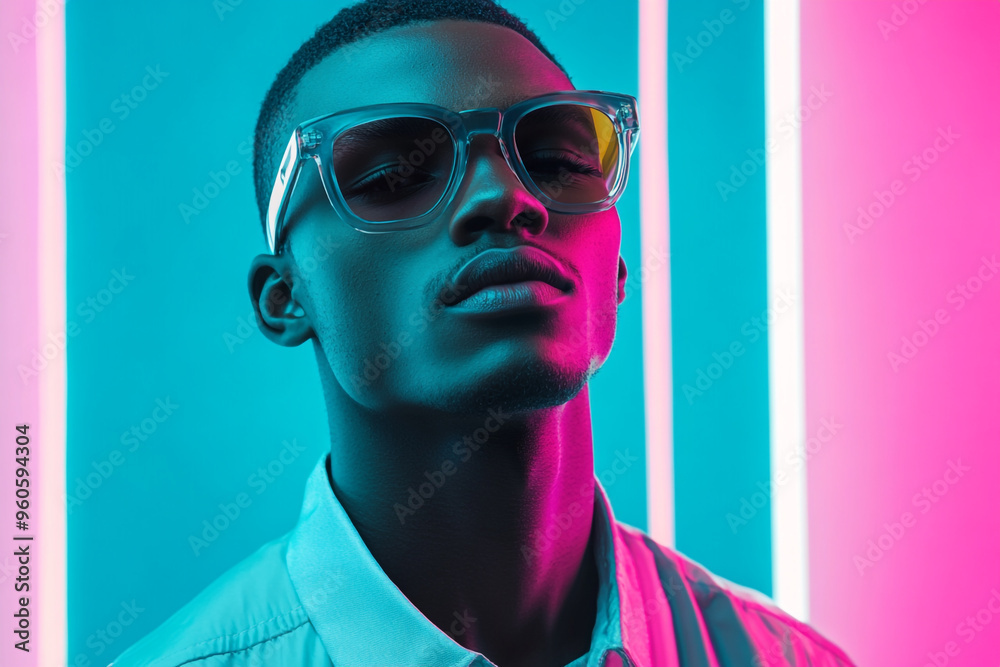 Fashionable Men in Light Gray Eyewear with Solid Neon Teal Background Trendsetting Portrait Fashionable Men in Light Gray Eyewear with Solid Neon Teal Background Trendsetting Portrait