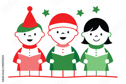 Christmas caroling children vector line art, clipart illustration with isolated on white background