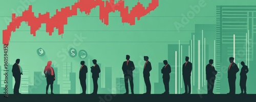 Silhouetted business people with a rising graph in a cityscape background