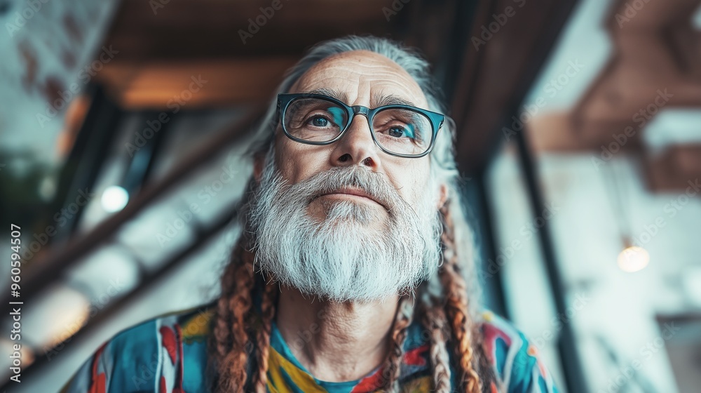 Contemplative senior man with long gray hair and beard looking thoughtful, wearing glasses with a colorful shirt with a pattern. Contemplative senior man with long gray hair and beard looking thoughtful, wearing glasses with a colorful shirt with a pattern.