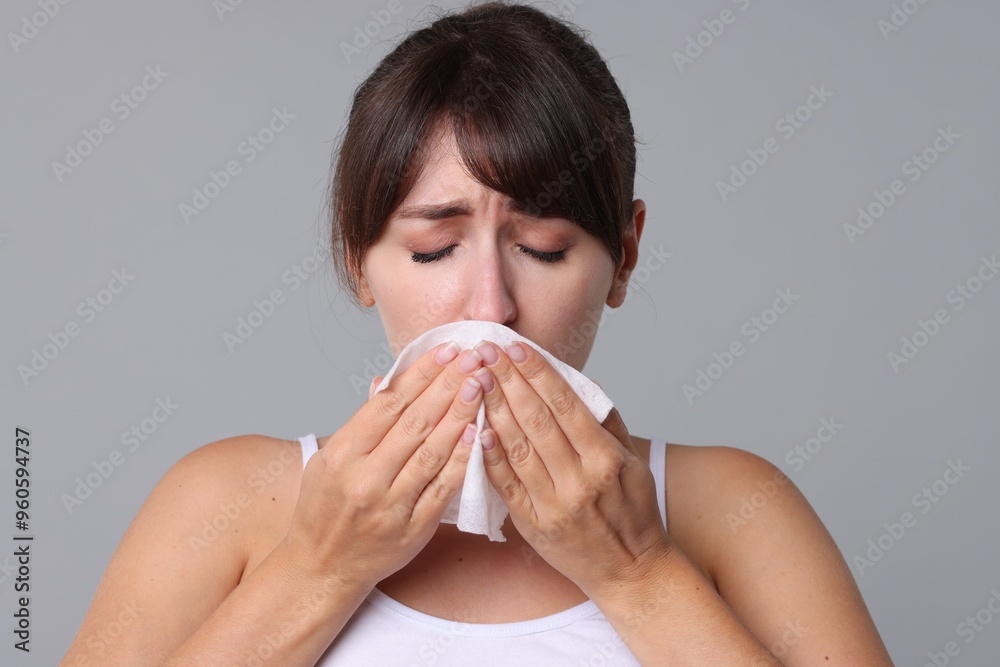 Woman with napkin suffering from sinusitis on grey background Woman with napkin suffering from sinusitis on grey background