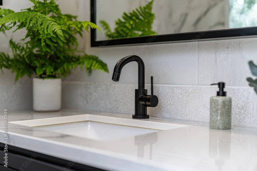 Bathroom Details - Modern Sink with Black Faucet and Mirror on White Countertop Bathroom Details - Modern Sink with Black Faucet and Mirror on White Countertop