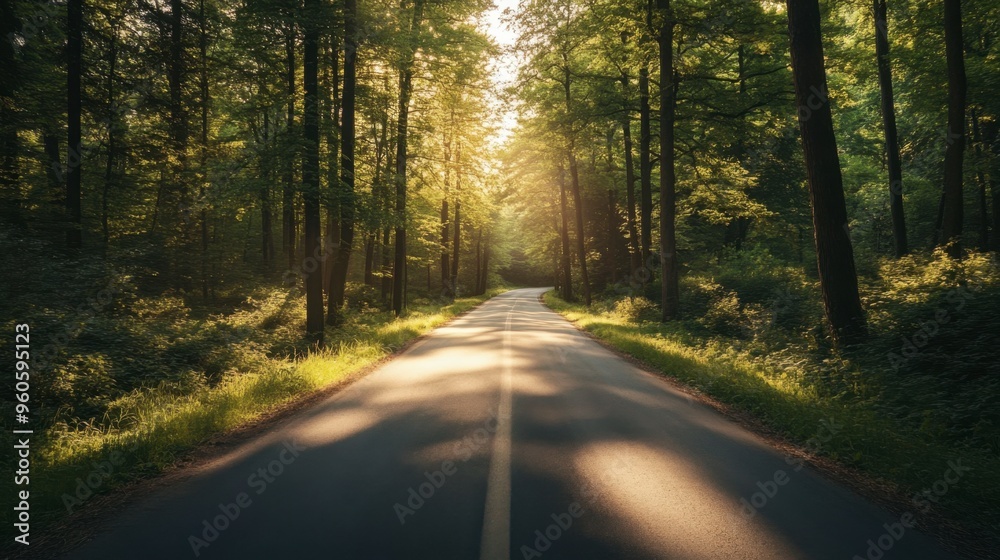 Obraz premium A long, winding road cutting through a dense forest, with tall trees lining both sides and sunlight filtering through the leaves.