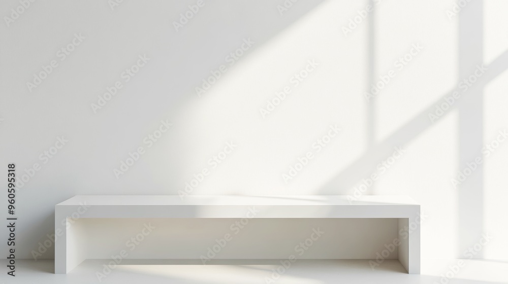 Elegant White Bench Against a Pristine White Wall Bathed in Soft Sunlight, Perfect for Minimalist Photography and Design Projects Elegant White Bench Against a Pristine White Wall Bathed in Soft Sunlight, Perfect for Minimalist Photography and Design Projects