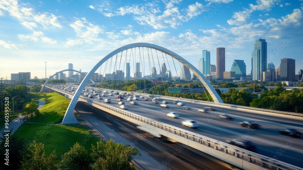 Fototapeta premium A modern steel bridge arching over a busy highway, with cars speeding underneath and the city skyline in the distance.
