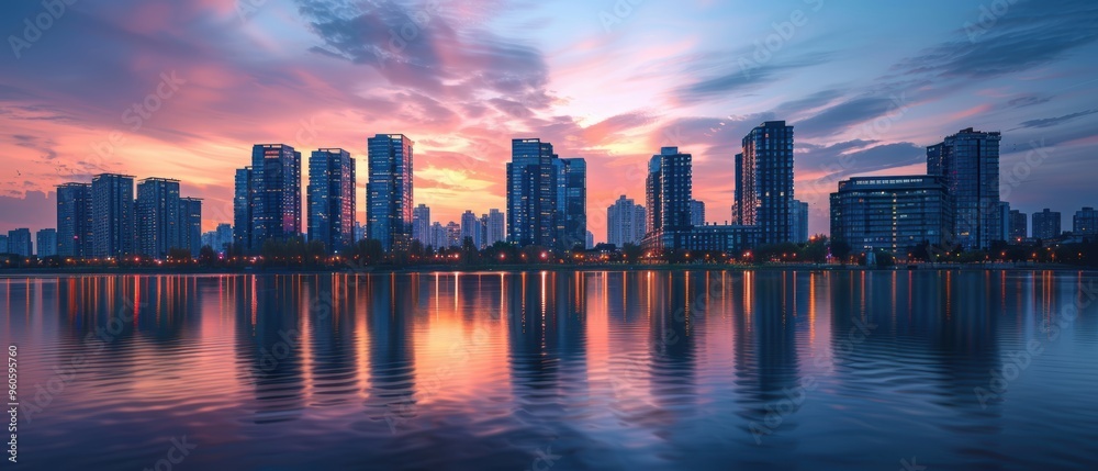 Obraz premium Golden Sunrise Over Urban Skyline in Crystal Clear with Stunning Reflections