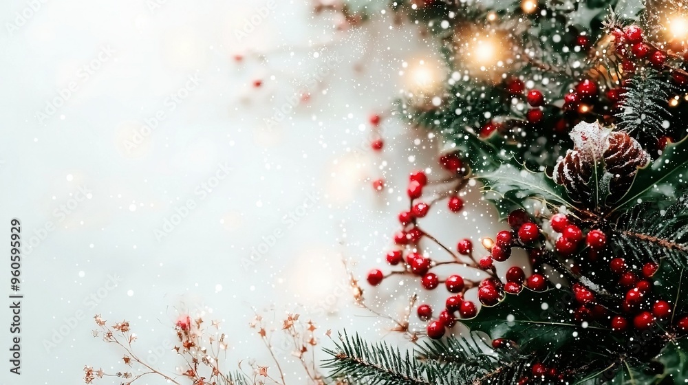 A Christmas tree branch adorned with red berries and pine cones, under snowfall A Christmas tree branch adorned with red berries and pine cones, under snowfall