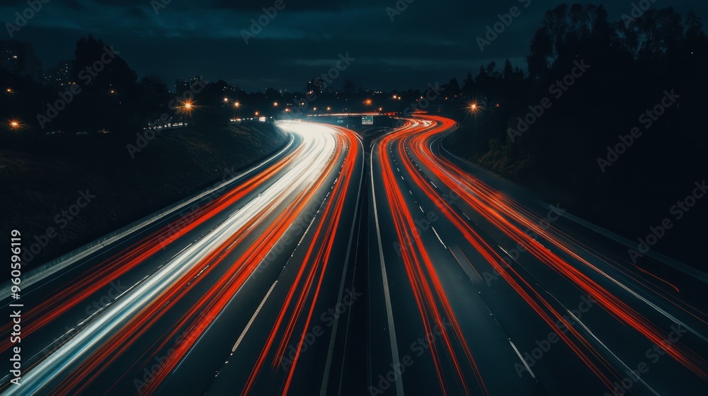 A night shot of a busy highway, with car headlights and taillights creating streaks of light against the dark sky. A night shot of a busy highway, with car headlights and taillights creating streaks of light against the dark sky.