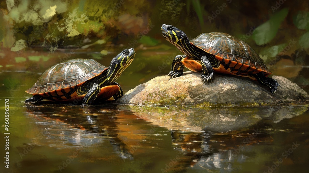 Obraz premium A pair of turtles interacting in a shallow pond, with one resting on a rock and the other swimming nearby.