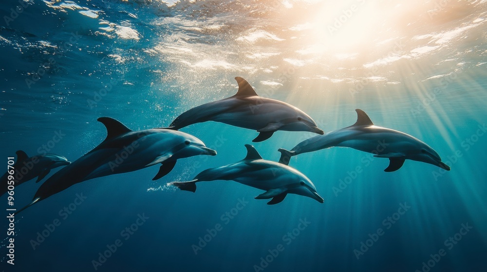 A pod of dolphins swimming together in crystal-clear blue waters, with sunlight filtering through the surface. A pod of dolphins swimming together in crystal-clear blue waters, with sunlight filtering through the surface.