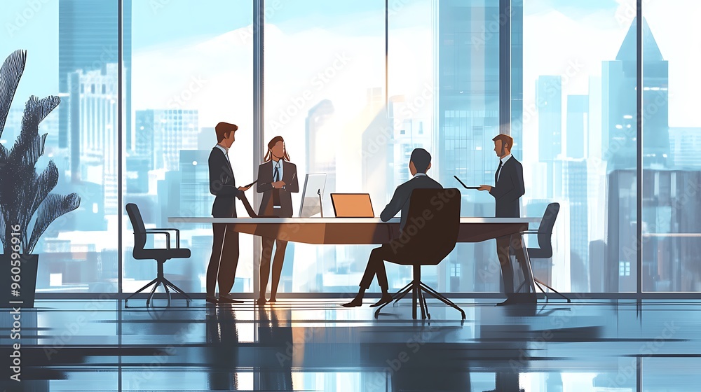 Business Meeting in Modern Office with City View Business Meeting in Modern Office with City View