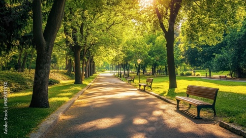 A road cutting through a tranquil, green park, with benches, walking paths, and trees providing shade.
