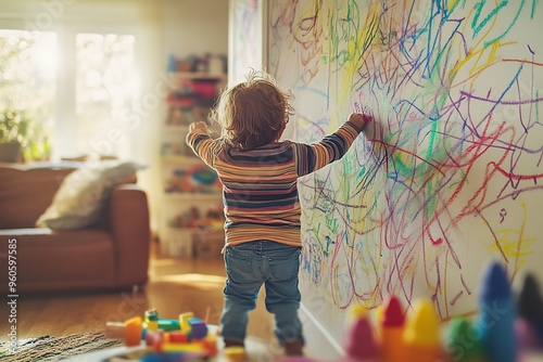 Toddler drawing abstract colorful lines on wall with crayons