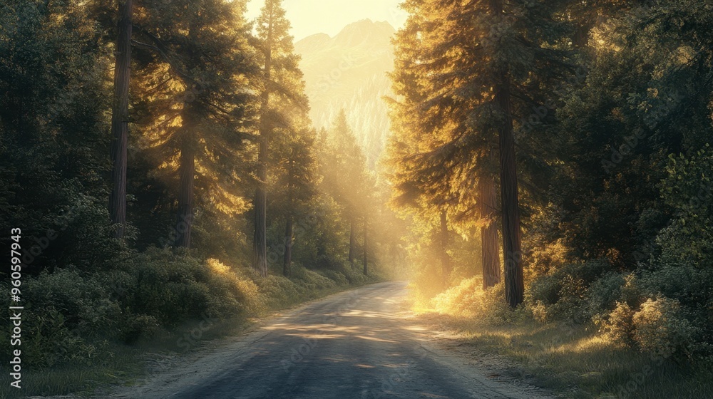 A road through a mountain forest, with tall, dense trees on either side and the sun filtering through the branches. A road through a mountain forest, with tall, dense trees on either side and the sun filtering through the branches.