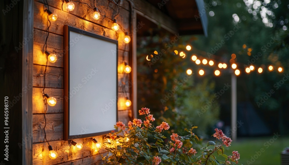 Blank Frame on Wooden Wall with String Lights and Flowers Blank Frame on Wooden Wall with String Lights and Flowers