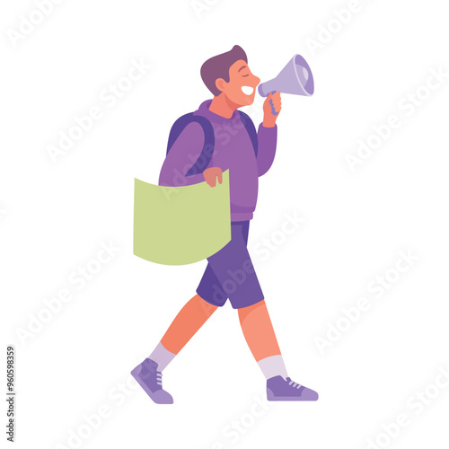 Man Participate in Demonstration with Banner and Megaphone Vector Illustration