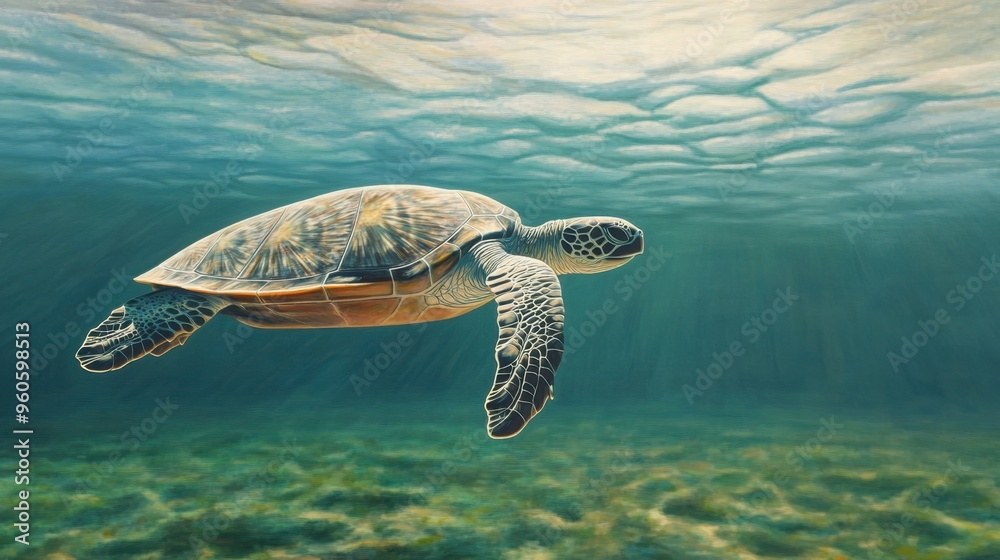 A sea turtle gliding through the water, with a distant coastline visible above and the ocean floor below. A sea turtle gliding through the water, with a distant coastline visible above and the ocean floor below.
