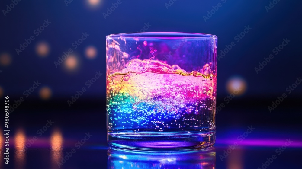 A vibrant display of color emerges as a photochemical reaction occurs in a glass vessel, producing bubbles and an array of dazzling hues in low light A vibrant display of color emerges as a photochemical reaction occurs in a glass vessel, producing bubbles and an array of dazzling hues in low light