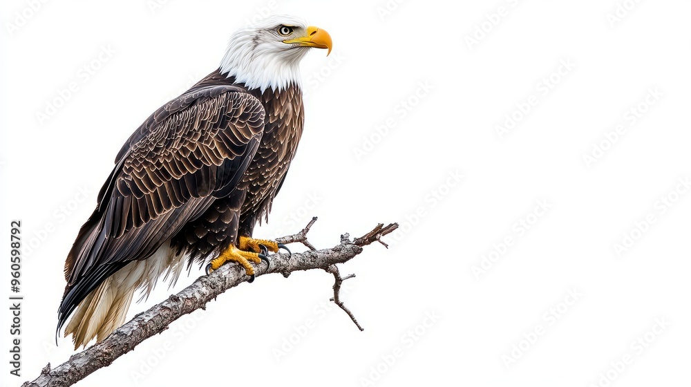 Obraz premium A bald eagle perched on a high branch, looking down,on white background.