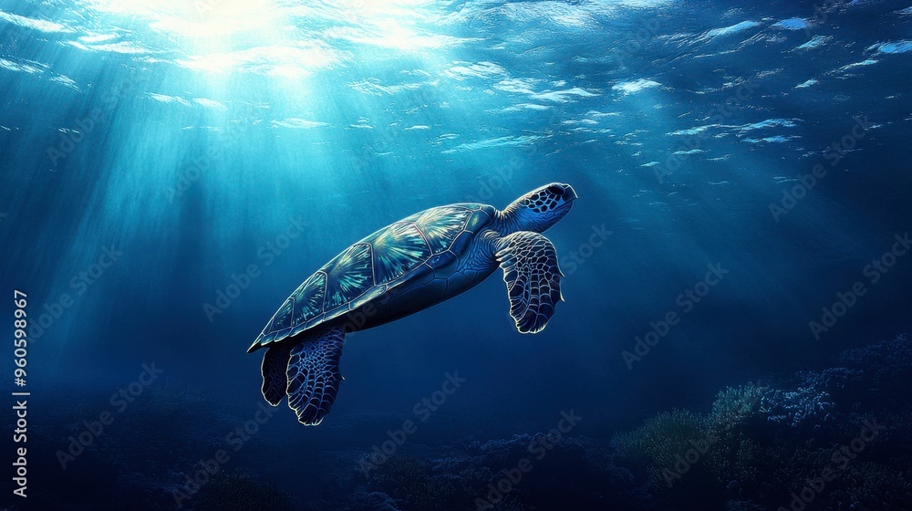 Obraz premium A sea turtle swimming in open water, with the deep blue ocean and distant rays of sunlight creating a serene atmosphere.