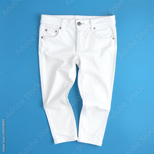 A pair of white jeans laid flat on a solid blue background, showing front details and clean lines.