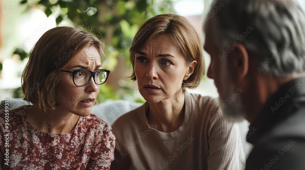 Family discussing health problems in rural areas, concerned look, home environment Family discussing health problems in rural areas, concerned look, home environment
