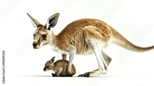 A kangaroo with its joey peeking out of the pouch, hopping in the Australian outback,on white background.