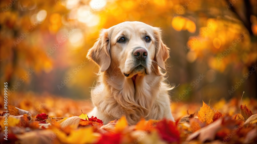 dog, adorable, playful, pet, comfortable, tranquility, contentment, A cozy moment captured in an autumn macro shot featuring a beautiful golden retriever surrounded by colorful foliage dog, adorable, playful, pet, comfortable, tranquility, contentment, A cozy moment captured in an autumn macro shot featuring a beautiful golden retriever surrounded by colorful foliage
