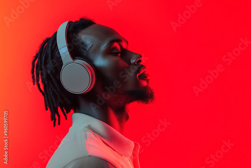 Modern Fashion Lifestyle Portrait of Men in Light Gray Headphones with Solid Neon Red Trendy Background