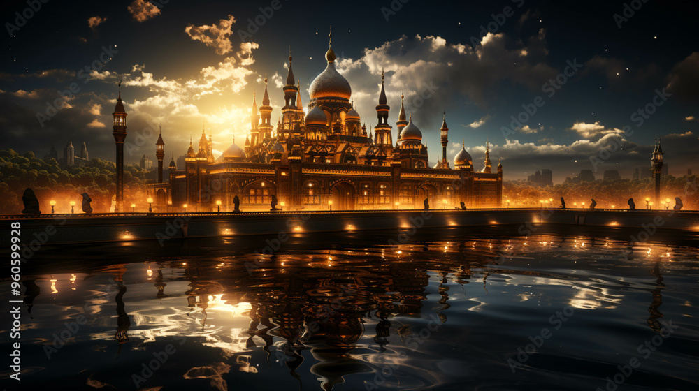 Obraz premium A Glowing Golden Mosque at night view