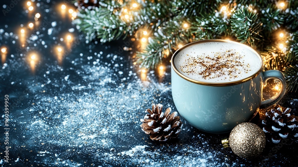 A festive cup of cappuccino with cinnamon on a dark background amidst pine cones and Christmas lights A festive cup of cappuccino with cinnamon on a dark background amidst pine cones and Christmas lights