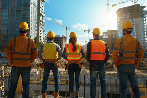 Construction workers standing in front of a massive public works construction site. 