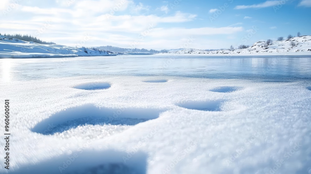 A serene winter landscape featuring snow-covered ground and a calm reflective lake under a clear blue sky. A serene winter landscape featuring snow-covered ground and a calm reflective lake under a clear blue sky.
