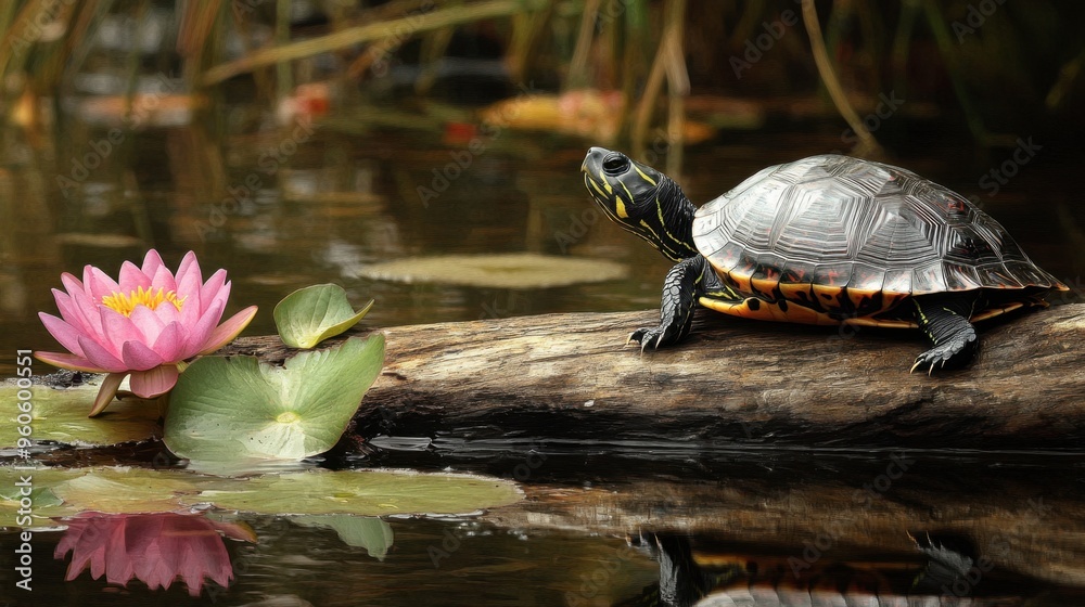 Obraz premium A turtle basking in the sun on a log in a peaceful pond, with its shell glistening and water lilies nearby.