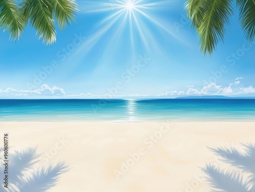 A serene beach scene with clear blue water, gentle waves, and lush palm trees under a bright sunlit sky.