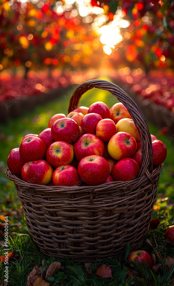 A basket full of apples is sitting in a field. The apples are red and green, and they are ripe. The basket is overflowing with apples, and it looks like a bountiful harvest. The scene is peaceful A basket full of apples is sitting in a field. The apples are red and green, and they are ripe. The basket is overflowing with apples, and it looks like a bountiful harvest. The scene is peaceful