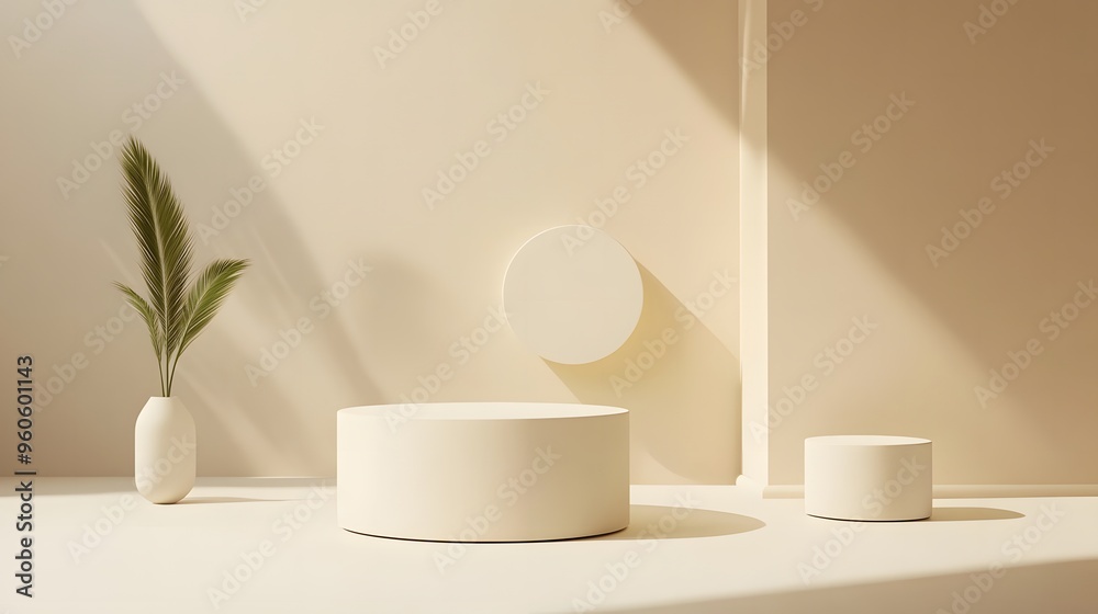 Minimalist White Podiums with Palm Leaf and Sunlight Minimalist White Podiums with Palm Leaf and Sunlight