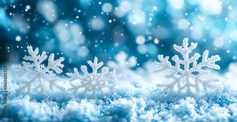 A snow-covered field with three snowflakes on it. The snowflakes are white and appear to be frosted. The image has a serene and peaceful mood A snow-covered field with three snowflakes on it. The snowflakes are white and appear to be frosted. The image has a serene and peaceful mood