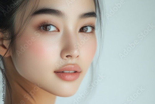 A glowing beauty shot of a young Asian woman with minimalist makeup, smooth skin, and a neutral backdrop. Her serene expression and perfect complexion emphasize her natural beauty