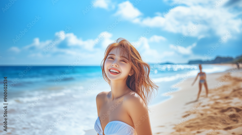 beautiful attractive asian girl model, smiling laughing on the beach beautiful attractive asian girl model, smiling laughing on the beach