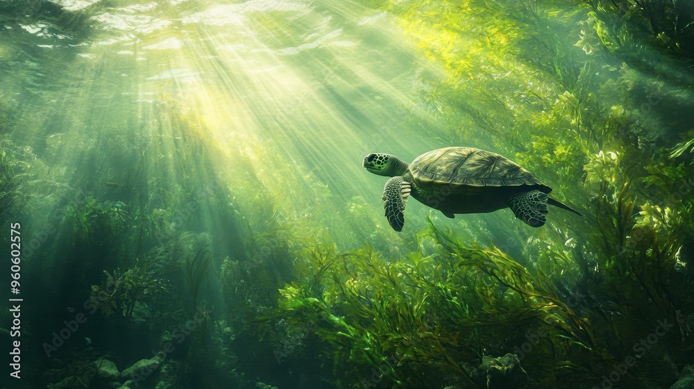 Obraz premium A turtle swimming through a dense forest of seaweed, with beams of sunlight penetrating the underwater foliage.