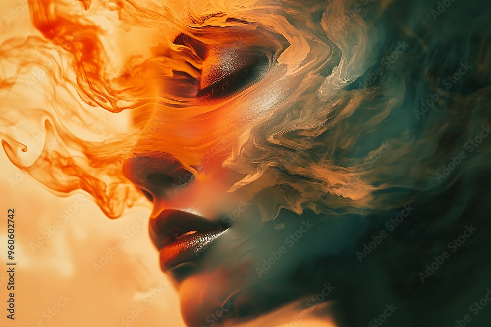 Woman posing with eyes closed and abstract smoke painting effect Woman posing with eyes closed and abstract smoke painting effect