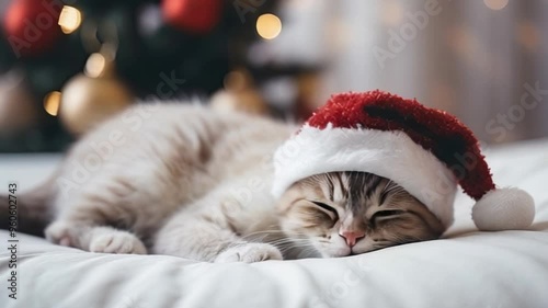 Cat in Christmas hat sleeping on sofa, ai generative photo